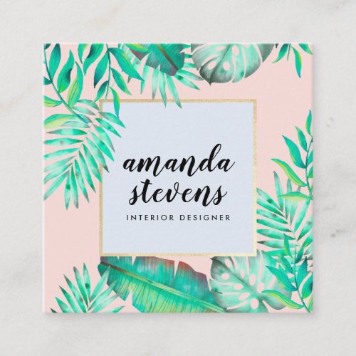 Chic gold frame blush pink watercolor tropical square business card