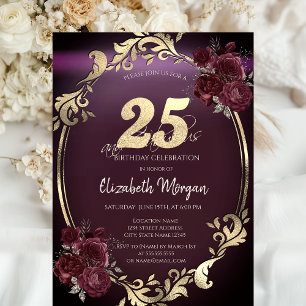 Chic Gold Frame Burgundy Roses 25th Birthday Invitation
