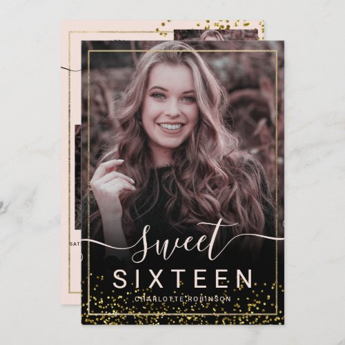 Chic gold frame confetti pink 5 photos sweet 16 invitation