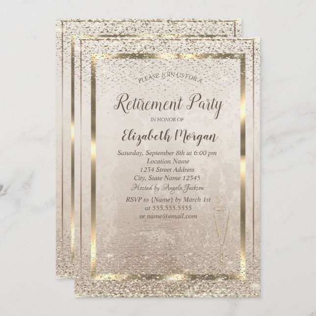 Chic Gold Frame,Glass Confetti Retirement  Invitation (Front/Back)
