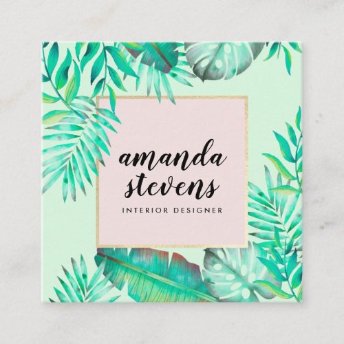 Chic gold frame mint green watercolor tropical square business card