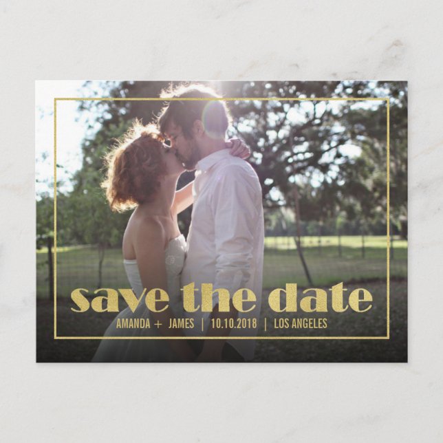 CHIC GOLD FRAME PHOTO SAVE THE DATE ANNOUNCEMENT (Front)