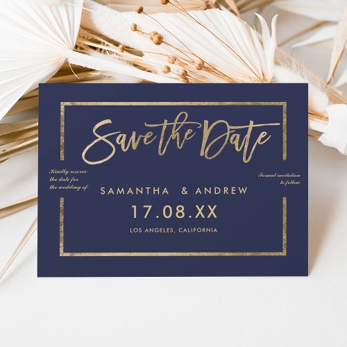Chic gold frame script navy blue save the date