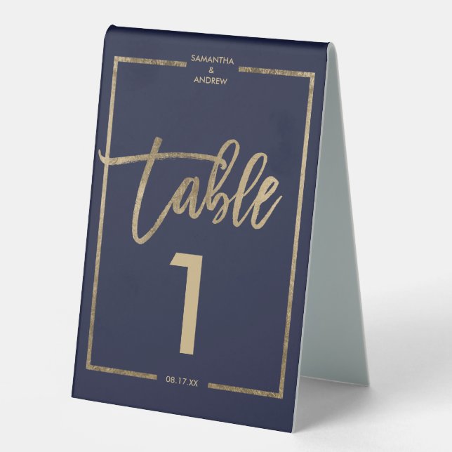 Chic gold frame script navy blue table number table tent (Front)
