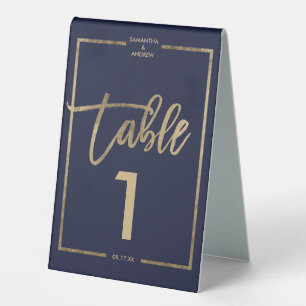 Chic gold frame script navy blue table number tent