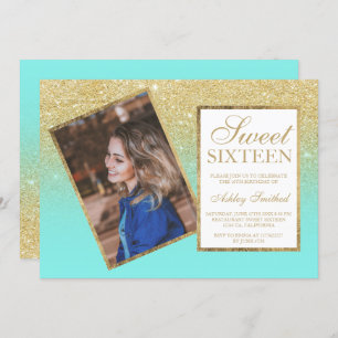 Chic gold frame teal ombre photo Sweet 16 Invitation
