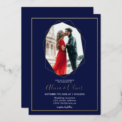 Chic gold frame terrarium navy blue photo wedding foil invitation