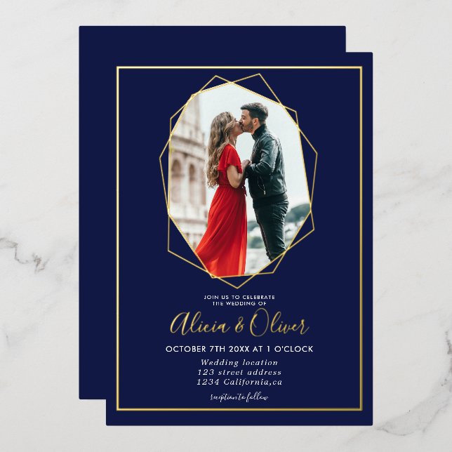 Chic gold frame terrarium navy blue photo wedding foil invitation (Front/Back)