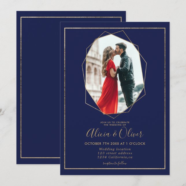 Chic gold frame terrarium navy blue photo wedding invitation (Front/Back)