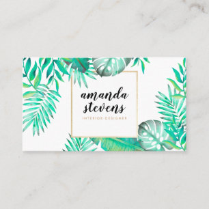 Chic gold frame watercolor tropical green leaves business card