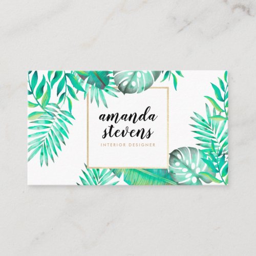 Chic gold frame watercolor tropical green leaves business card
