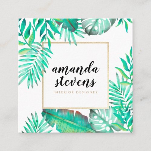 Chic gold frame watercolor tropical green leaves square business card