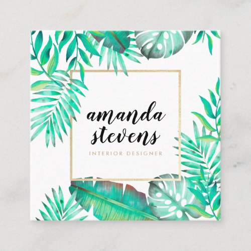 Chic gold frame watercolor tropical palm leaf square business card