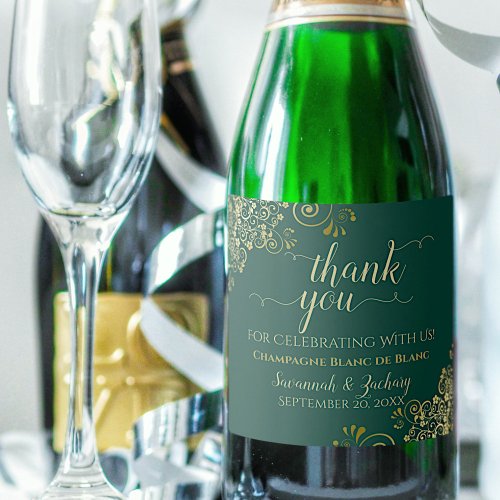 Chic Gold Frills  Emerald Green Wedding Thank You Sparkling Wine Label