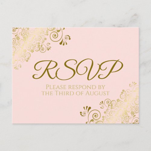 Chic Gold Frills on Blush Pink Wedding RSVP Postcard