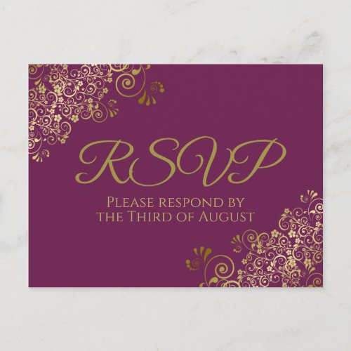 Chic Gold Frills on Cassis Purple Wedding RSVP Postcard