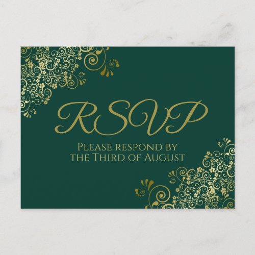 Chic Gold Frills on Emerald Green Wedding RSVP Postcard