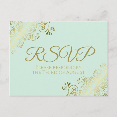 Chic Gold Frills on Neo Mint Green Wedding RSVP Postcard