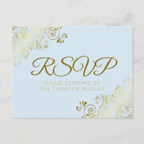 Chic Gold Frills on Powder Blue Wedding RSVP Postcard