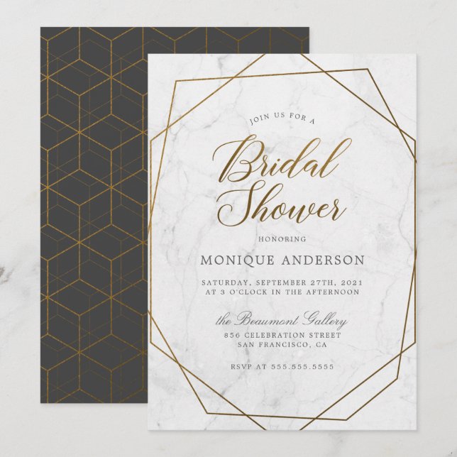 Chic Gold Geometric Art Deco Marble Bridal Shower Invitation (Front/Back)