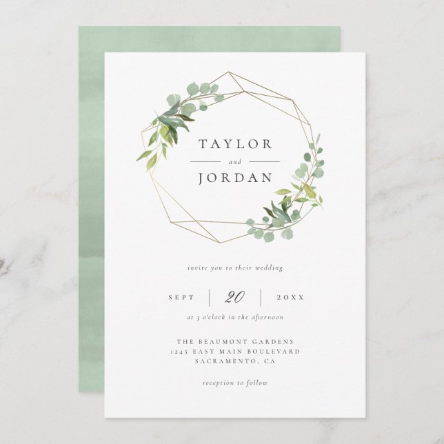 Chic Gold Geometric Eucalyptus Greenery Wedding Invitation (Front/Back)