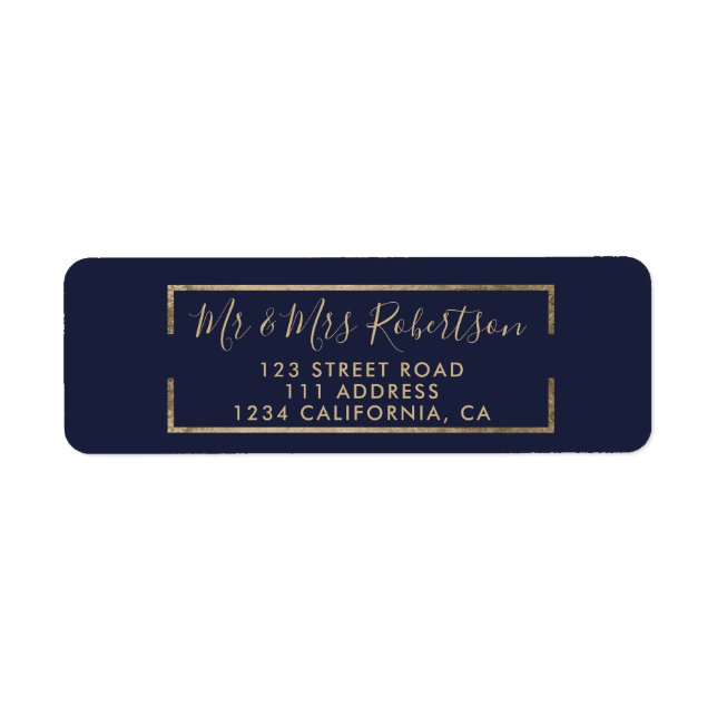 Chic gold geometric foil script navy blue wedding label (Front)
