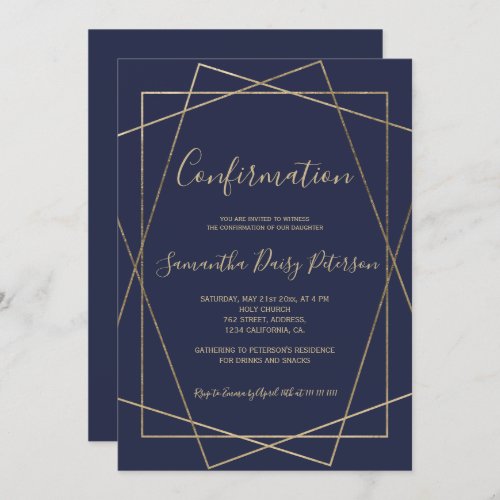 Chic gold geometric navy blue script confirmation invitation