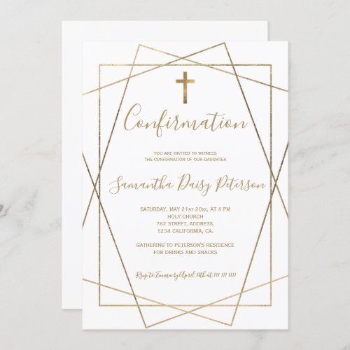 Chic gold geometric white script confirmation invitation