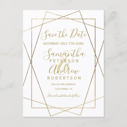 Chic gold geometric white script save the date announcement postcard