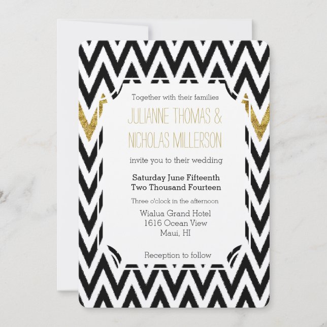 Chic Gold Glam and Black Chevron Wedding Invitation (Front)