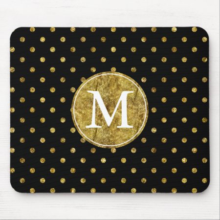 Chic Gold Glam And Black Dots Monogram Mouse Pad