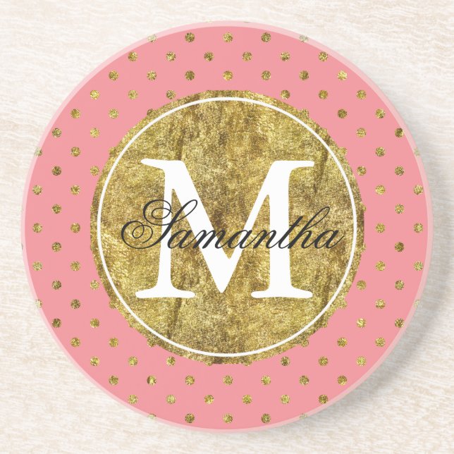 Chic Gold Glam and Pink Dots Monogram Drink Coaster (Front)