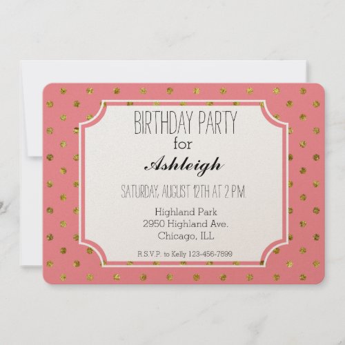 Chic Gold Glam and Pink Polka Dots birthday Invitation