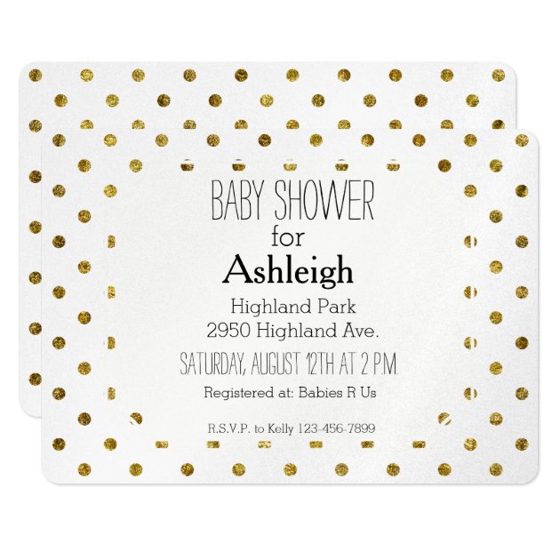 Chic Gold Glam And White Polka Dots Baby Shower Invitation