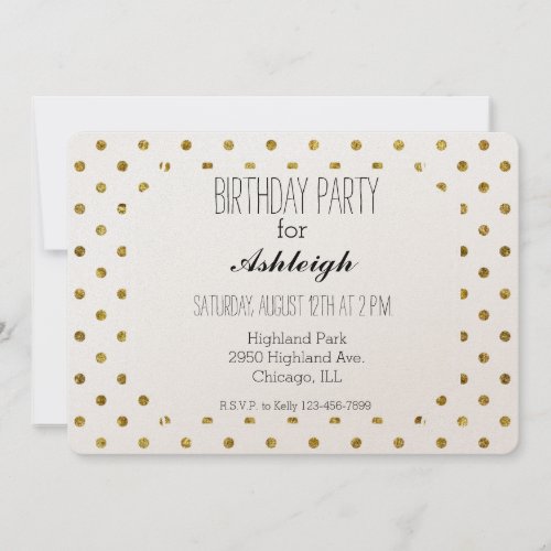 Chic Gold Glam and White Polka Dots birthday Invitation