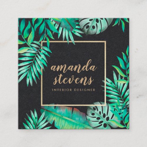 Chic gold glam border watercolor tropical kraft square business card