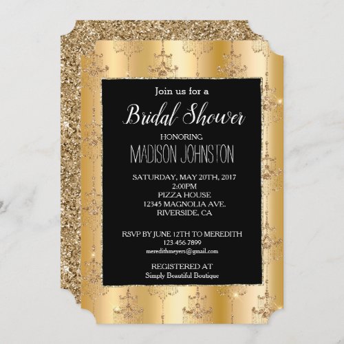 Chic Gold Glam Glitter Chandeliers Invitation