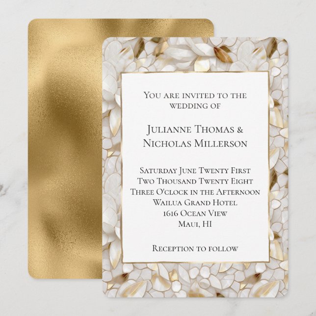 Chic Gold Glam White Lotus Flowers Wedding Invitation (Front/Back)