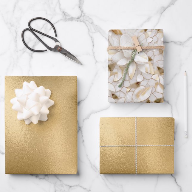 Chic Gold Glam White Lotus Flowers Wedding Wrapping Paper Sheets (Front)
