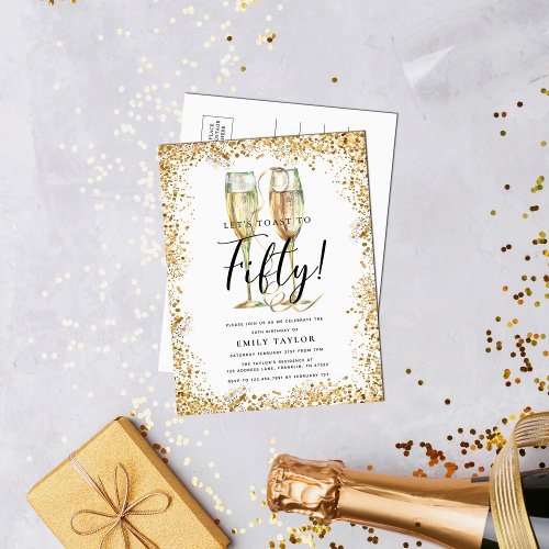 Chic Gold Glitter 50th Birthday Party Invitation Postcard