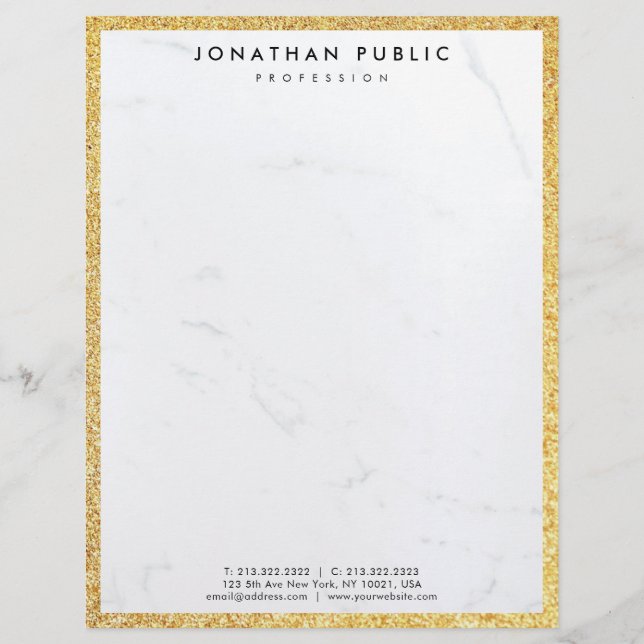 Chic Gold Glitter And White Marble Modern Template Letterhead (Front)
