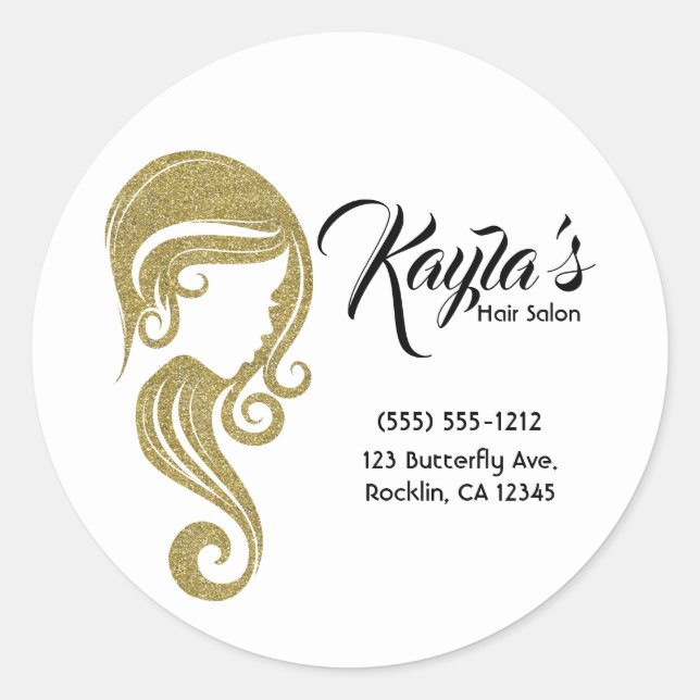 Chic Gold Glitter Beauty Girl Hair & Makeup Salon Classic Round Sticker (Front)