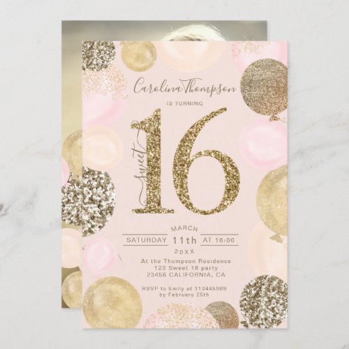 Chic gold glitter blush balloon Sweet 16 photo Invitation