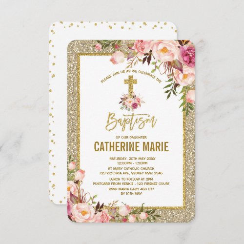 Chic Gold Glitter Blush Floral Baptism Baby Girl Invitation