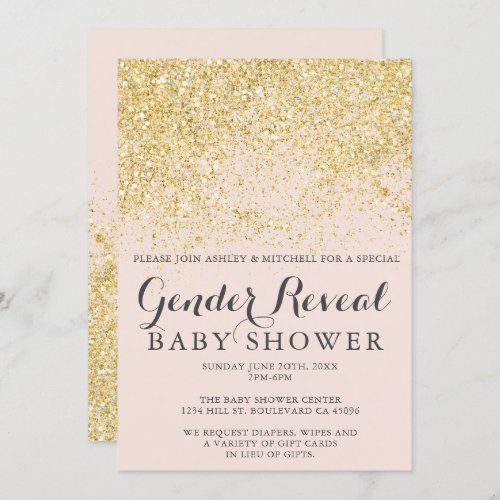 Chic gold glitter blush pink gender reveal baby invitation