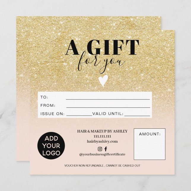 Chic gold glitter blush pink gift certificate logo (Front/Back)