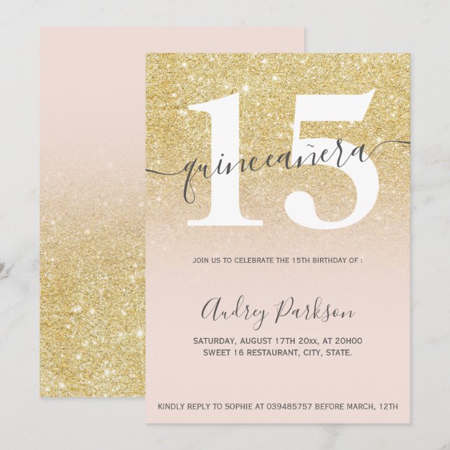 Chic gold glitter blush pink girly quinceanera invitation (Front/Back)