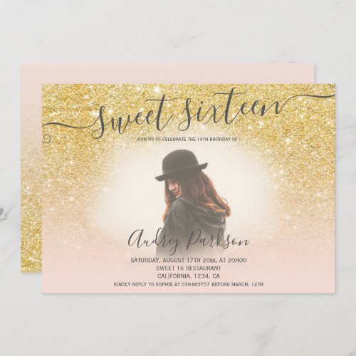 Chic gold glitter blush pink girly Sweet 16 photo Invitation