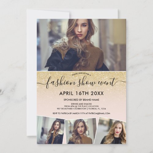 Chic gold glitter blush script photos fashion show invitation