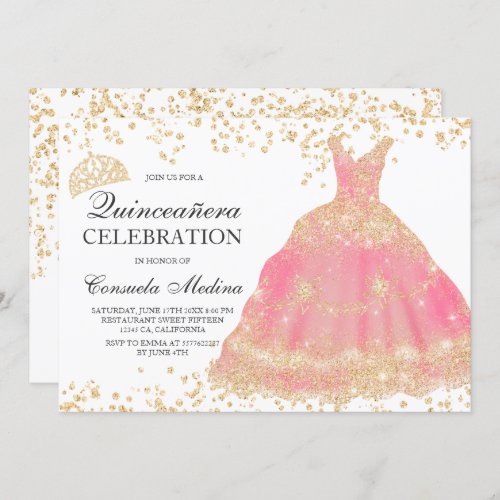 Chic gold glitter blush tiara dress Quinceaera Invitation